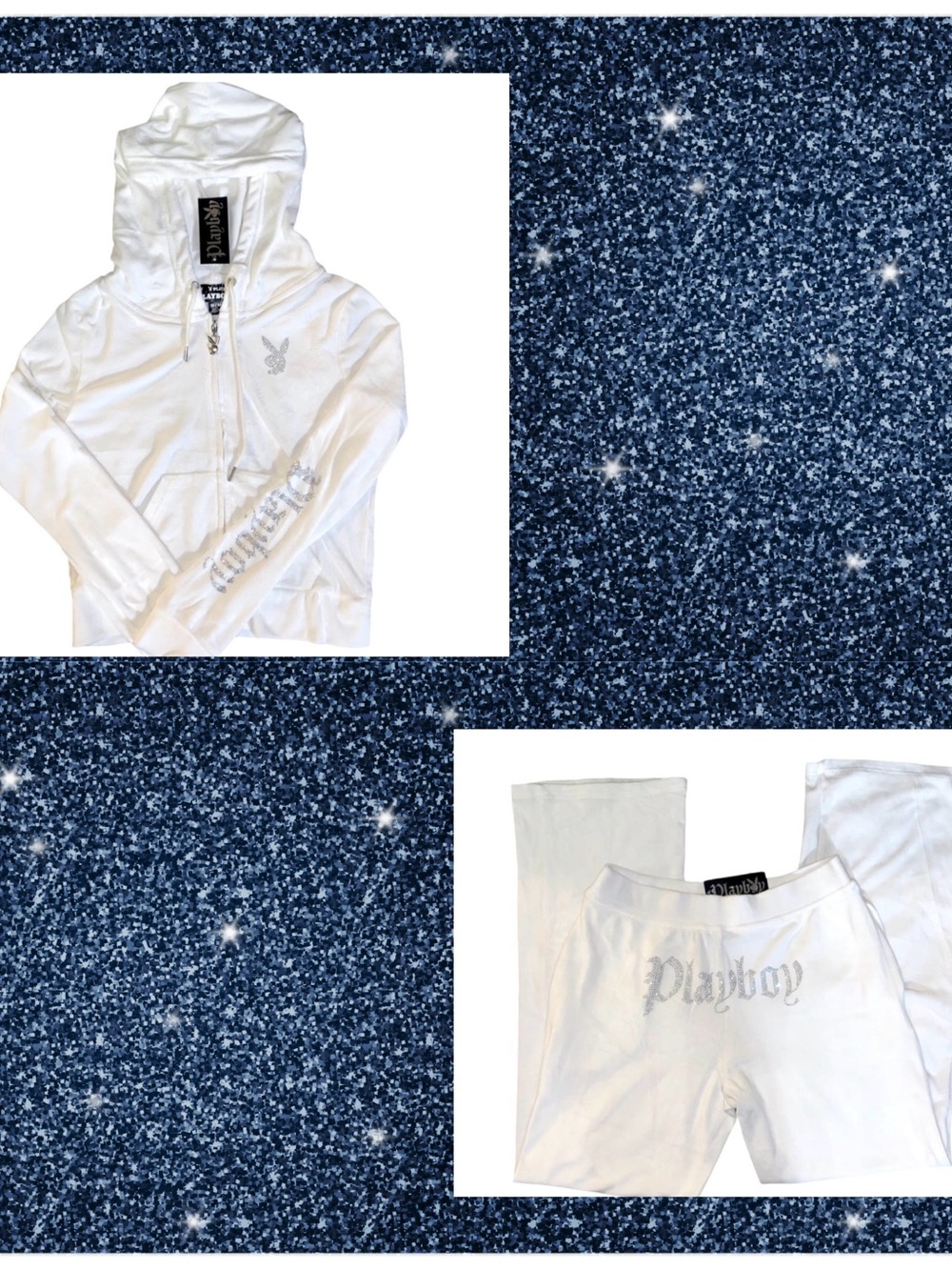 NWOT Playboy Vintage White w/ Silver Bling Velour Track-set, Sweatpants + Hoodie